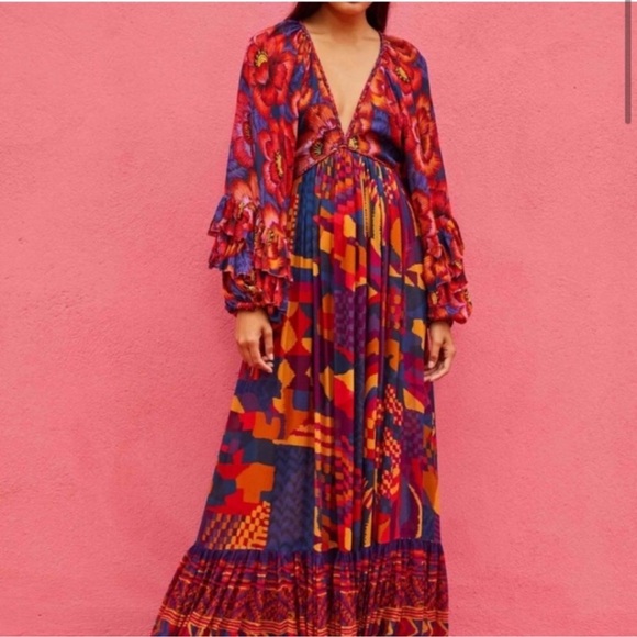 FARM Rio Red Blue Abstract Patches Maxi Dress - Picture 3 of 12